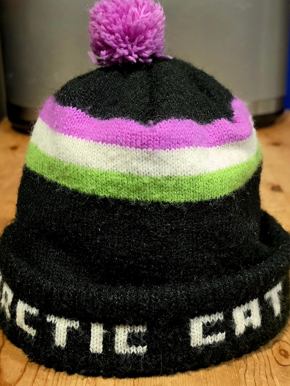 Vintage Arctic Cat Snowmobile Pom Pom Knit Hat Winter Beanie Racing Purple Green